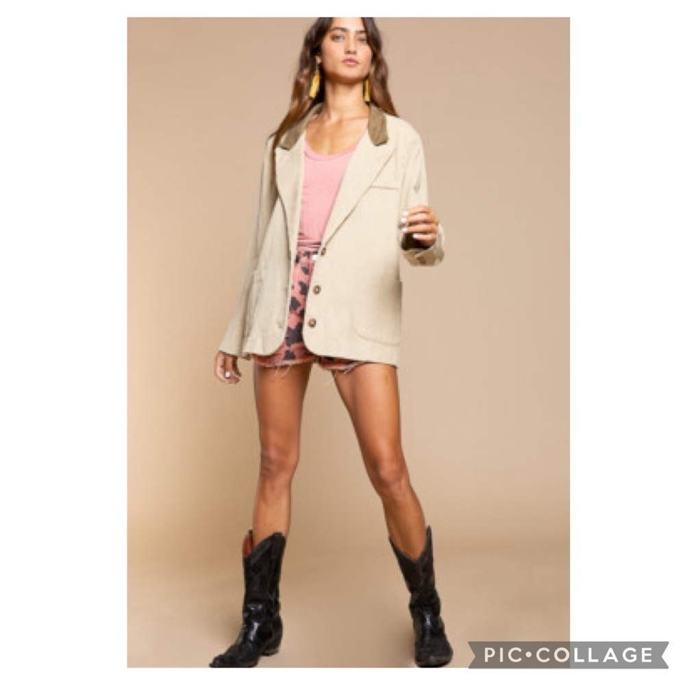 POL Clothing Mocha Beige Corduroy Blazer with Contrasting Brown Collar Size M - Picture 2 of 15